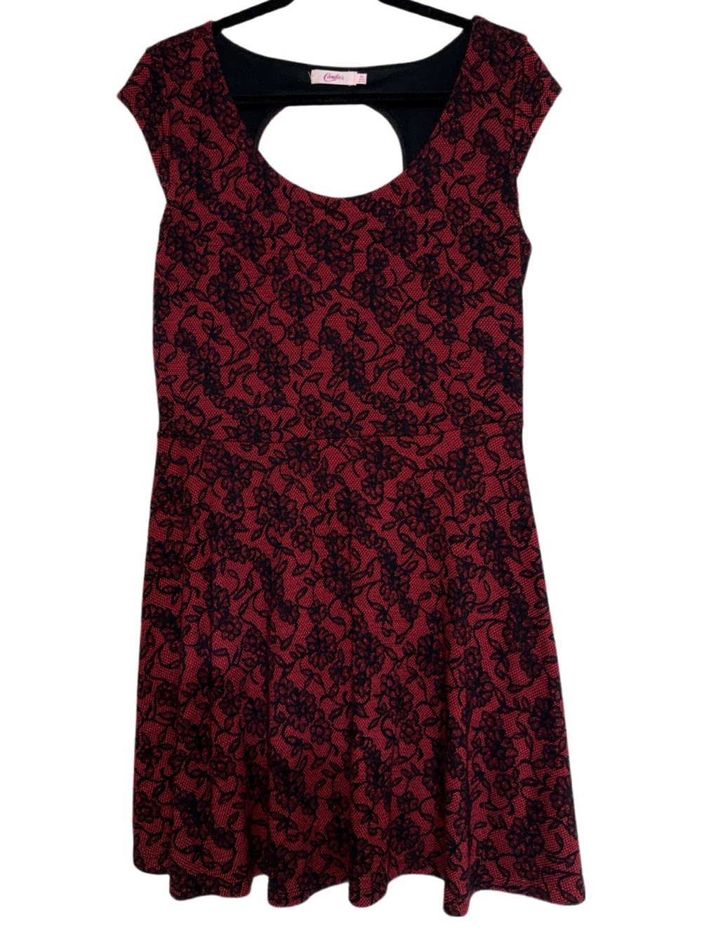 Juniors Red/Black Floral Lace-Print Skater Dress Size XLARGE